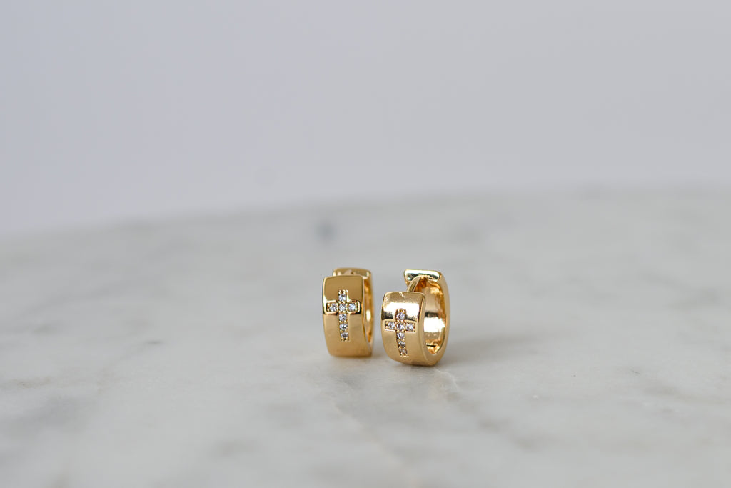 Gold Huggie With Cross CZ