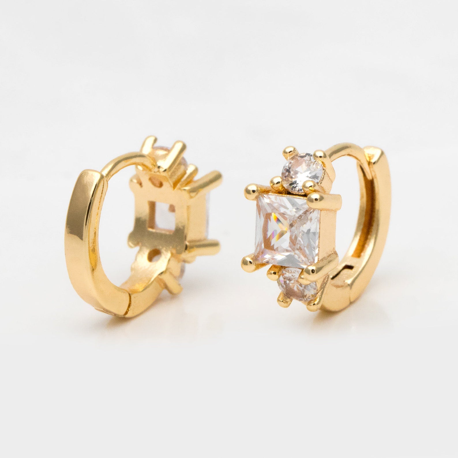Tri-Stone CZ Huggie Earrings